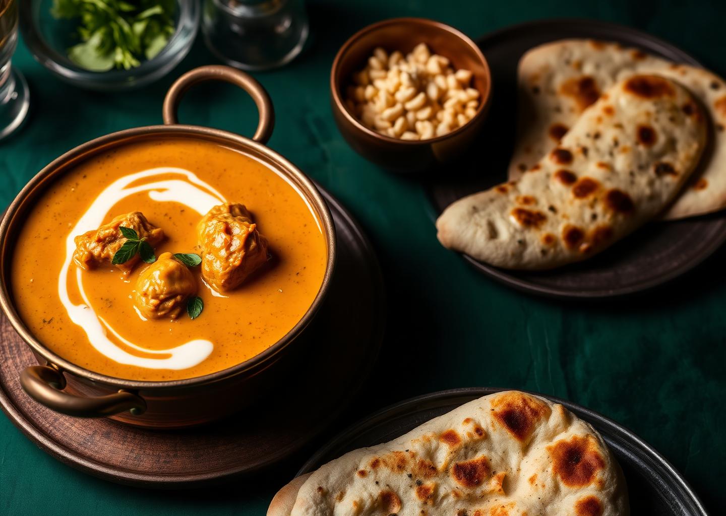 Butter chicken curry served with naan