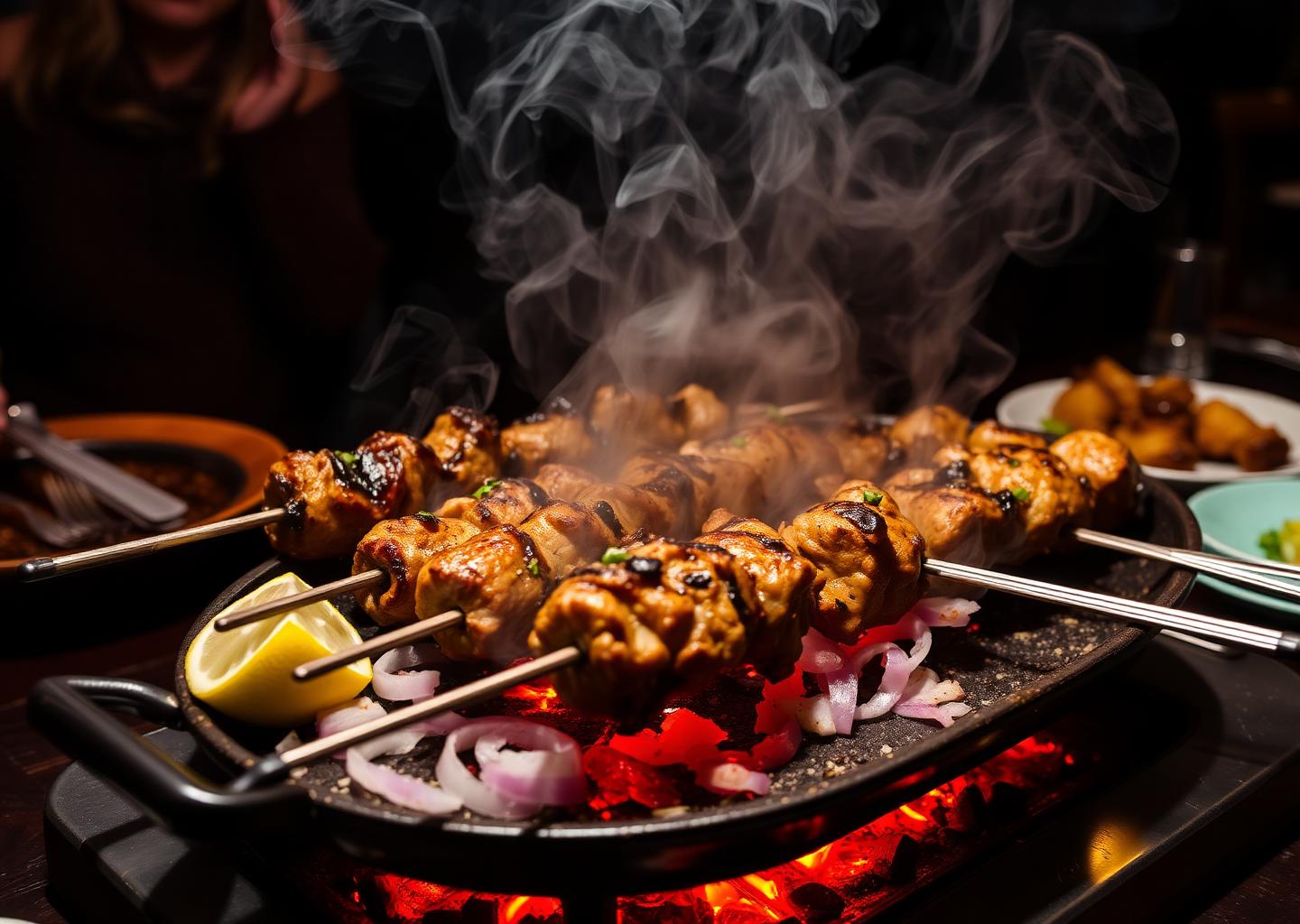 Sizzling seekh kebabs on a hot platter